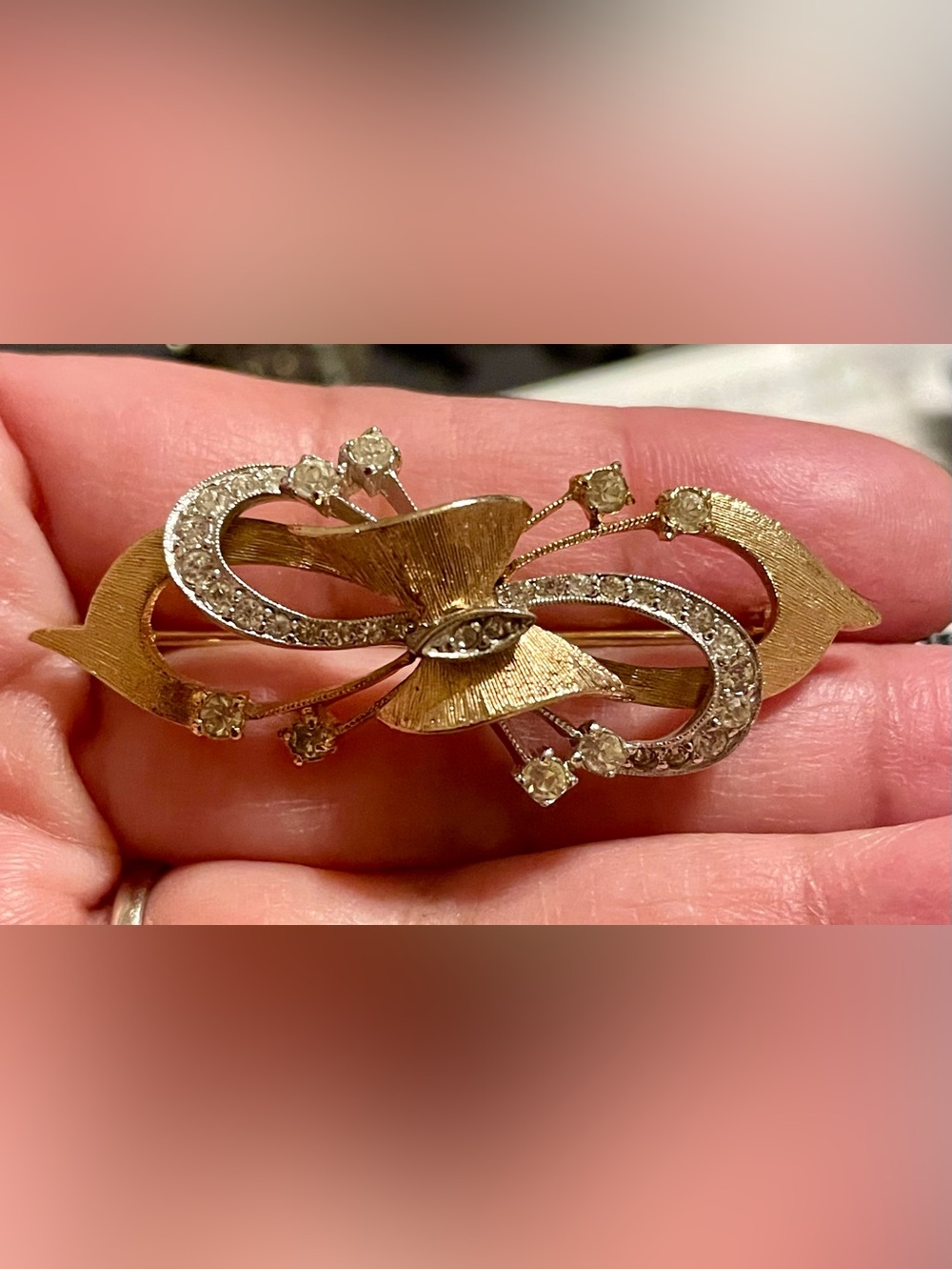 Vintage Mid-Century Gold and Silver Bow Brooch with Clear Stones- Polcini